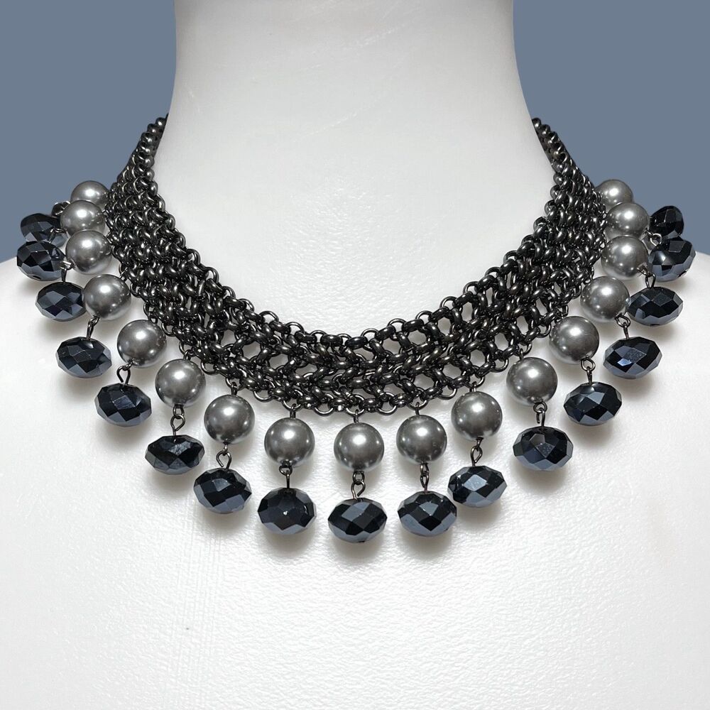 Chunky Chain Collar Necklace Black Gray Dangle Faceted Glass Heavy Punk Goth 19"